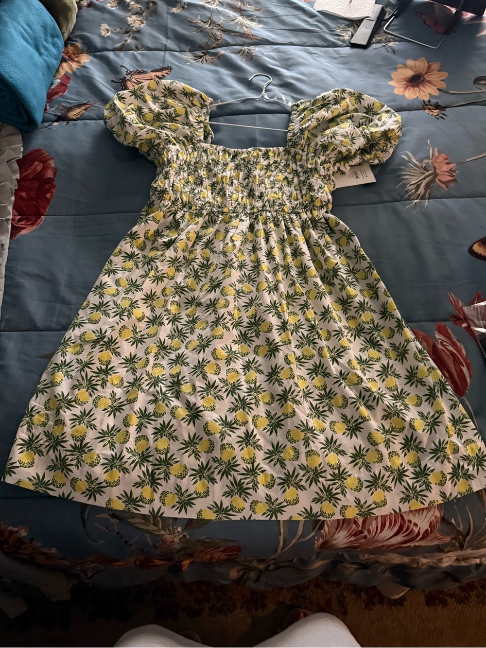 White Pineapple Print Puff Sleeve Midi Dress